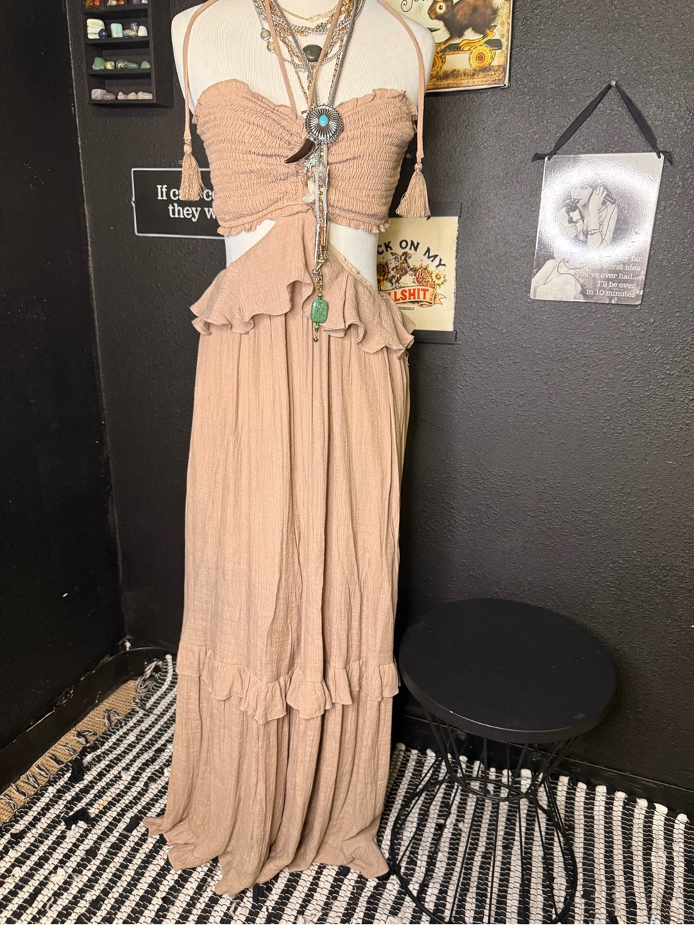 Boho Strapless Ruffle Maxi Dress in Taupe